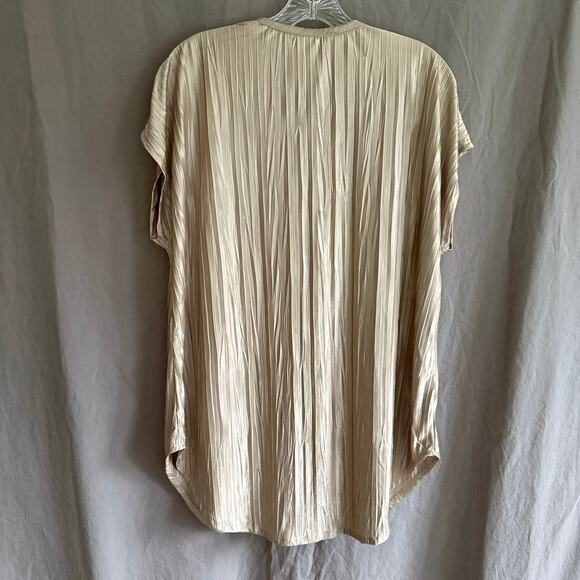 Vintage 80s Gold Crinkle Blouse Tunic Top Pleated Satin Minimalist L/XL No Tags - Picture 7 of 9
